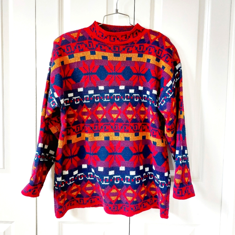 Vintage Geometric Fairisle Sweater Medium Nuggets 80s Christmas‎ Red Blue Tan